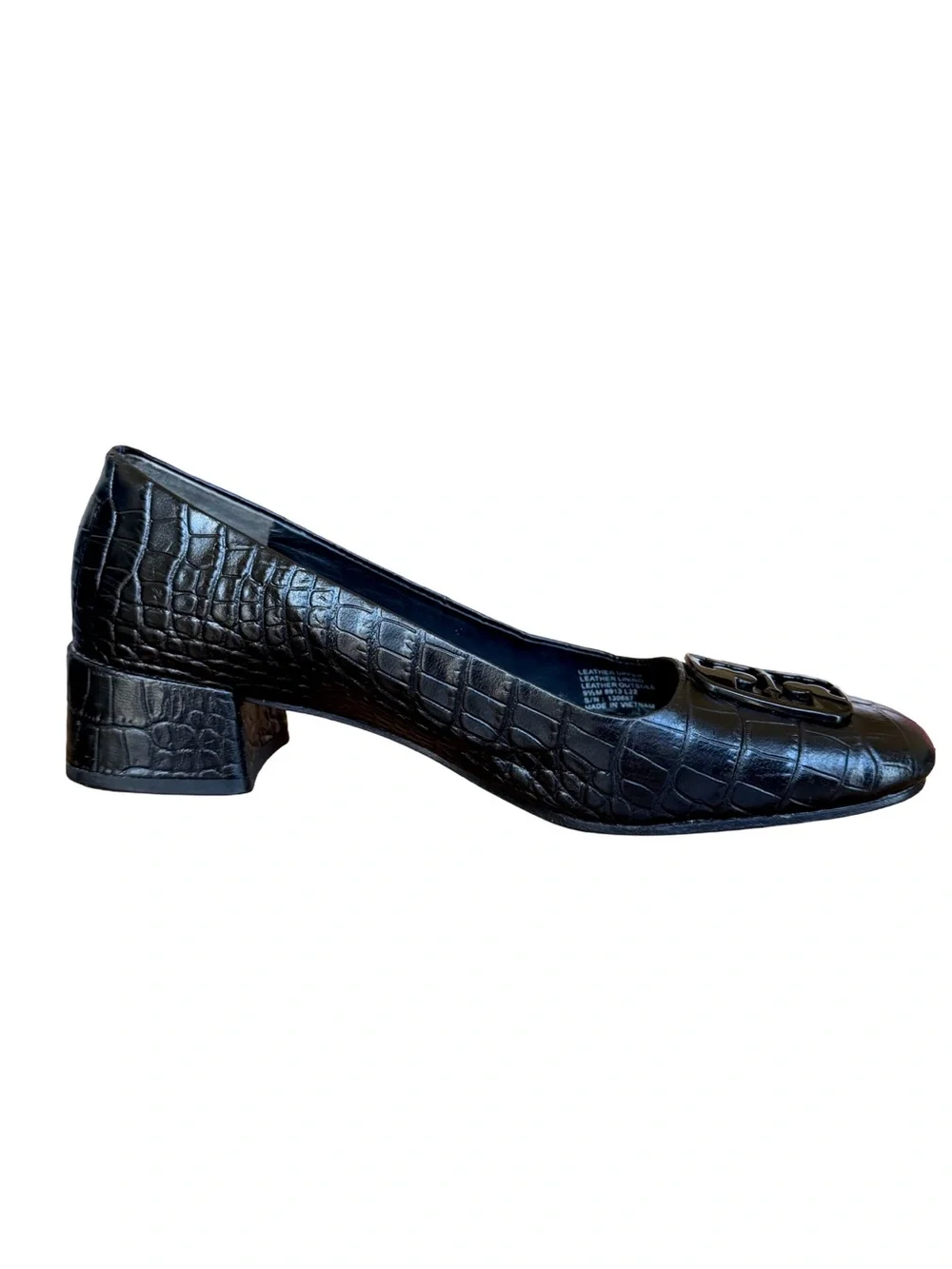 Tory Burch Georgia Black Croc Embossed Leather Block Heel Pumps 9.5